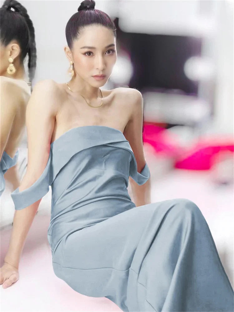 Backless ’s Maxi Dress Slim Off-shoulder Evening Partywear Dress Zipper Party Dress