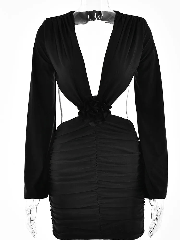 Deep V 3d Flower ’s Dress Bodycon Hollow Out Backless Long Sleeve Folds Female Mini Dress Party Club Vestidos