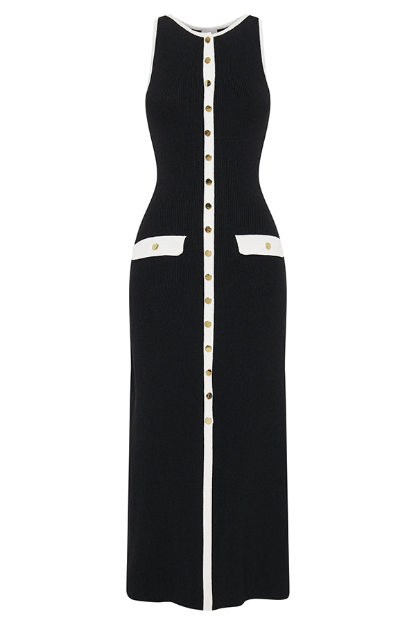 Slim Fit Crew Neck Buttoned Sleeveless Knit Midi Dress