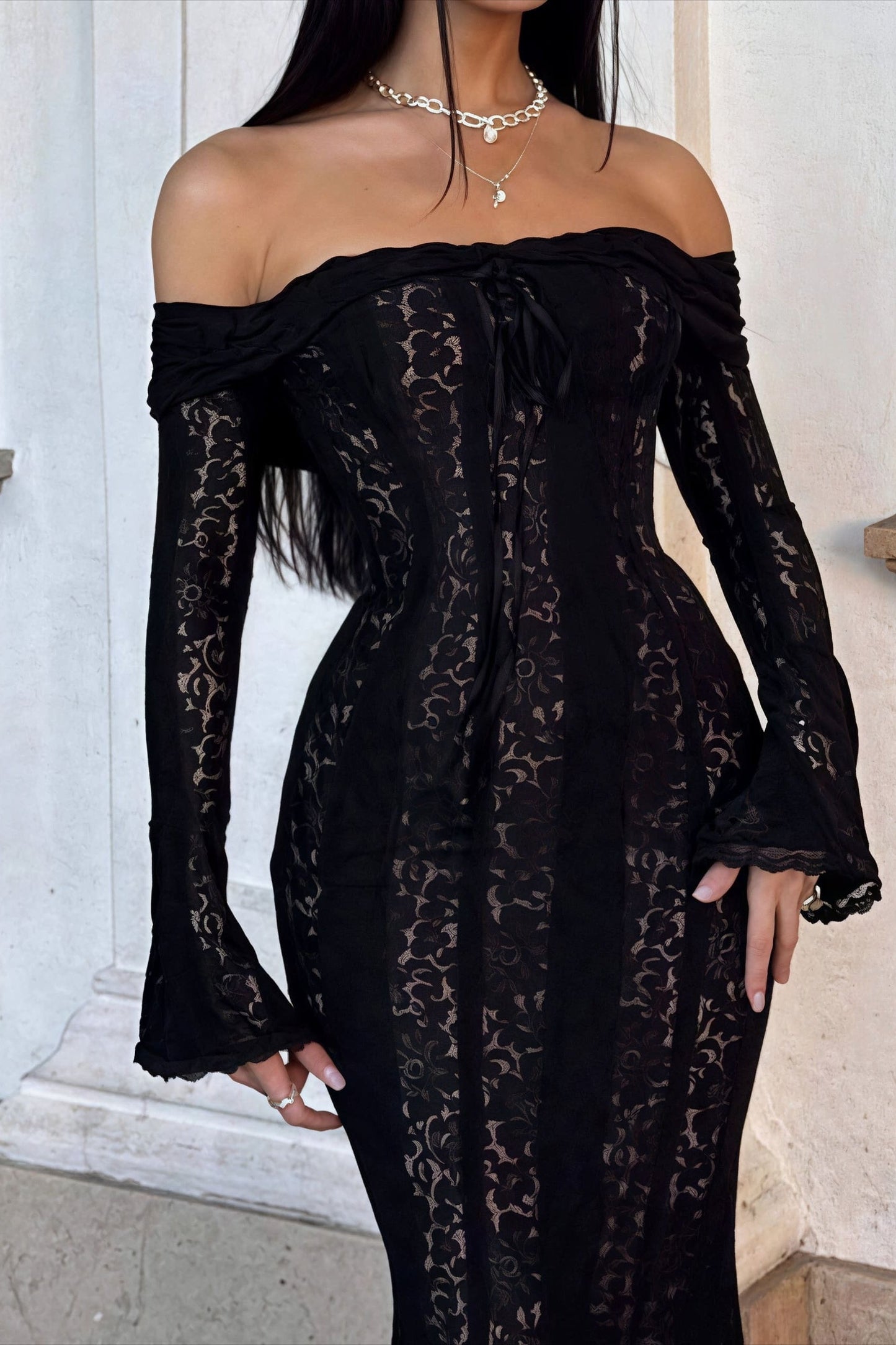 Off Shoulder Lace Flare Sleeve Fitted Train Maxi Dress