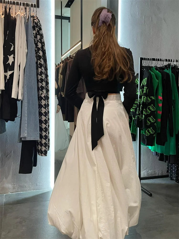 Silk Satin White Maxi Skirt Long Ruffled Pleated Skirts Lantern Pants A-line Silk Long Skirts for New