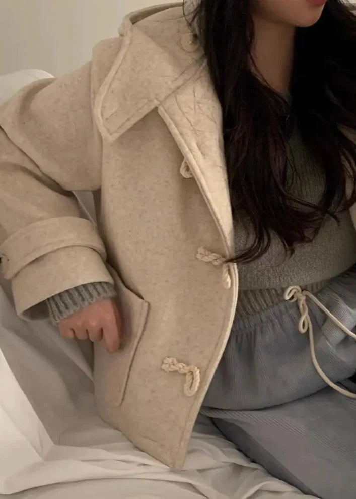 Horn Button Woolen Hooded Coat With Large Pockets