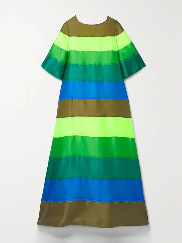 Flared Sleeves Half Sleeves Backless Contrast Color Multi-colored Striped Round-neck Maxi Dresses