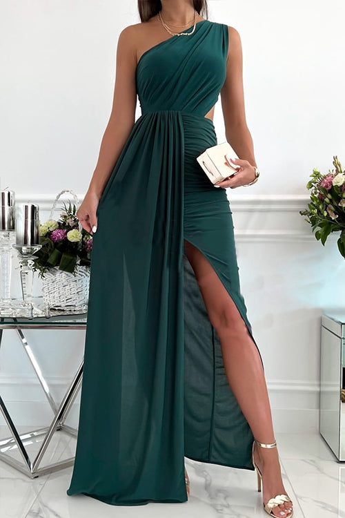 One Shoulder Sleeveless Cut Out Slit Maxi Dress