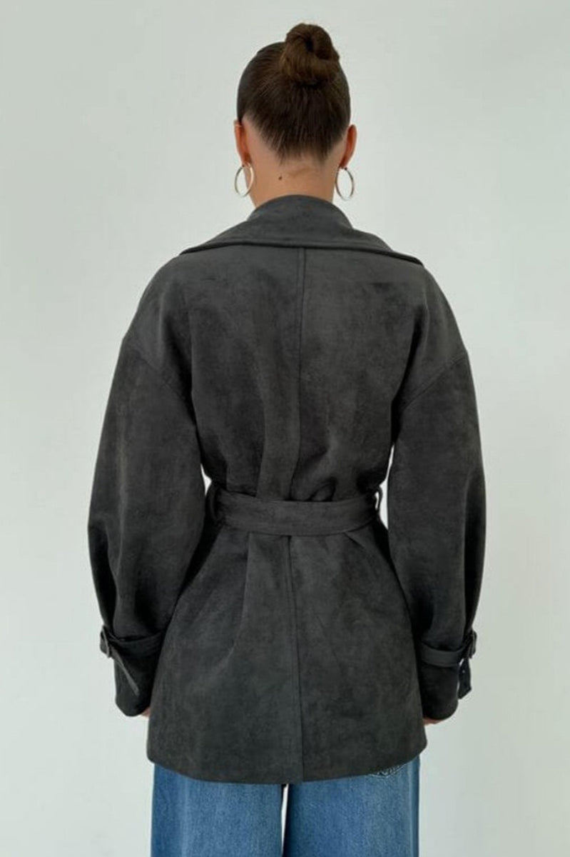 Suede Lapel Tie Waist Jacket Coat