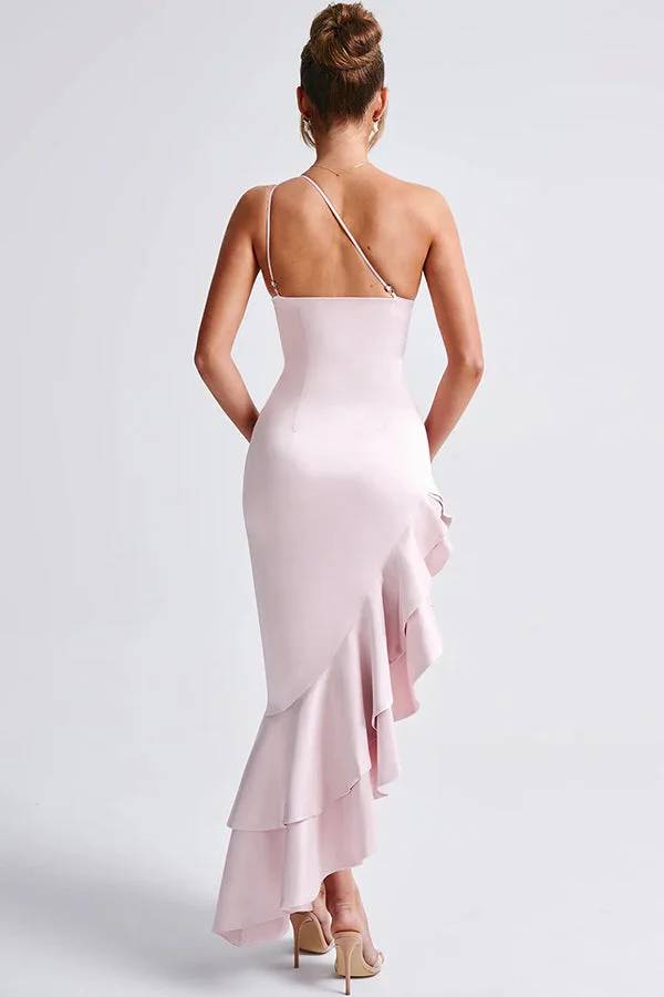 Yes I Do Satin One Shoulder Ruched Slit Ruffles Maxi Dress