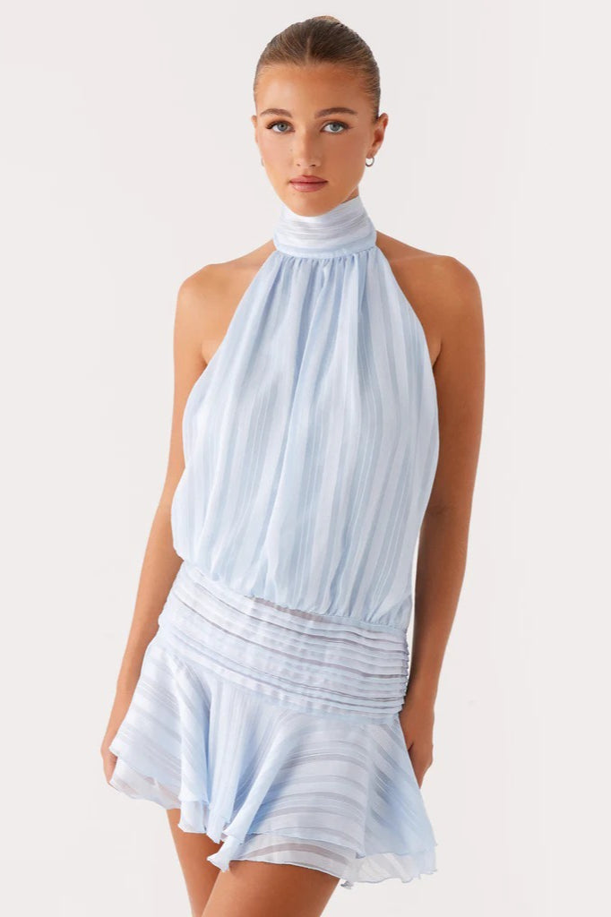 Halter Satin Jacquard Stripe Mini Dress