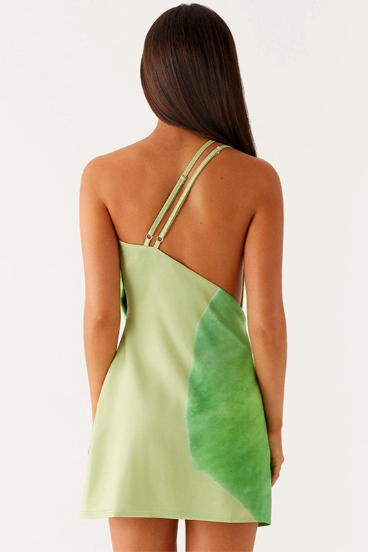 Printed Cowl Neck One Shoulder Mini Dress