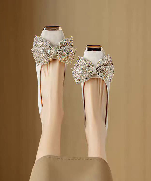 French Grey Suede Bow Zircon Splicing Flat Shoes for