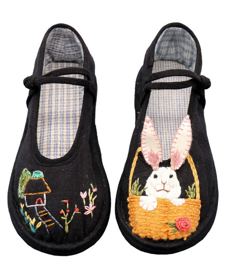 Black Embroidery Buckle Strap Splicing Flat Shoes for