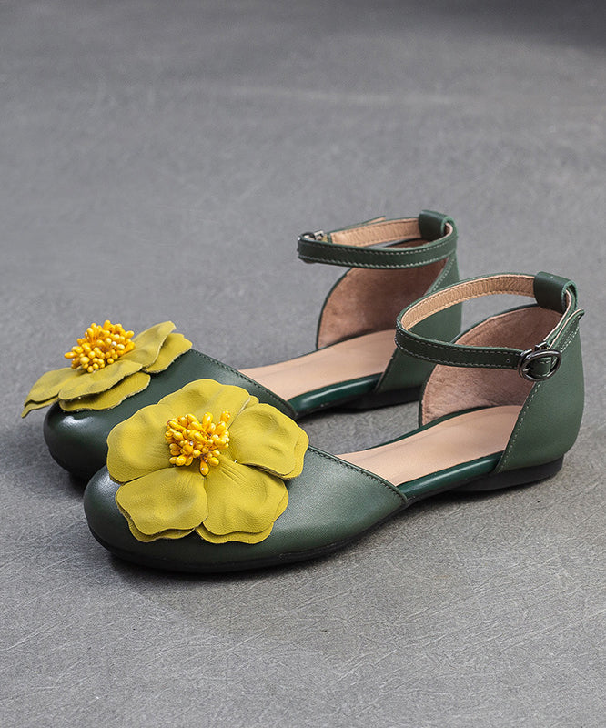 Green Flat Sandals Splicing Buckle Strap