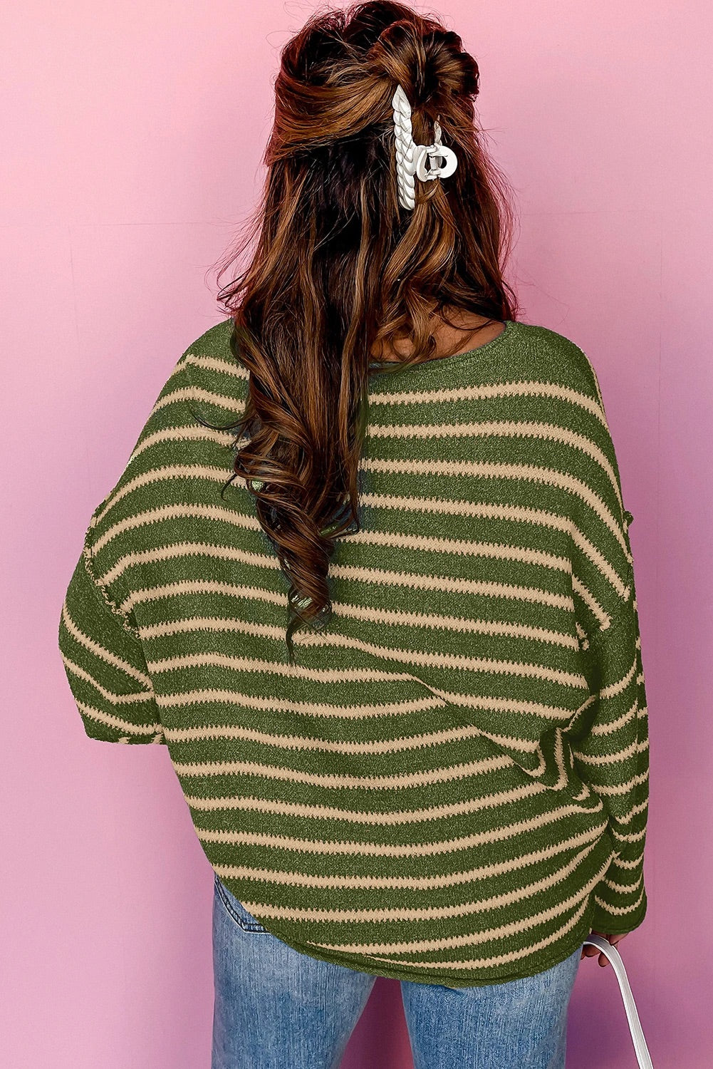 Green Stripe Stripe Round Neck Drop Shoulder Sweater