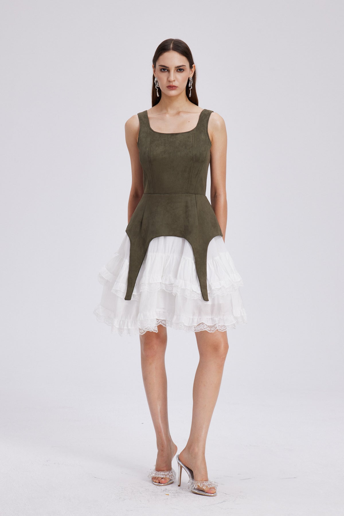 Ailis Ruffle Lace Sleeveless Mini Dress in Green