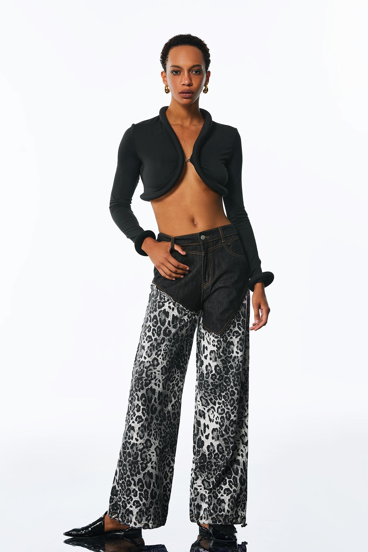 Amali Deconstruct Asymmetric Leopard Pants in Black