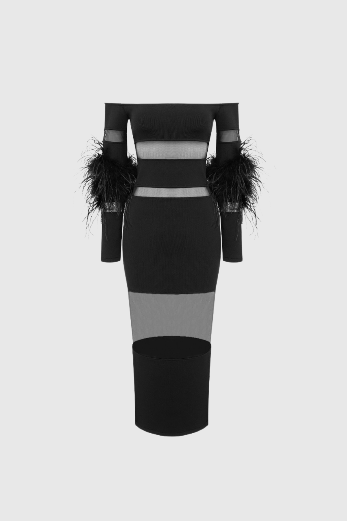 Amber Mesh Deconstruct Feather Maxi Dress in Black