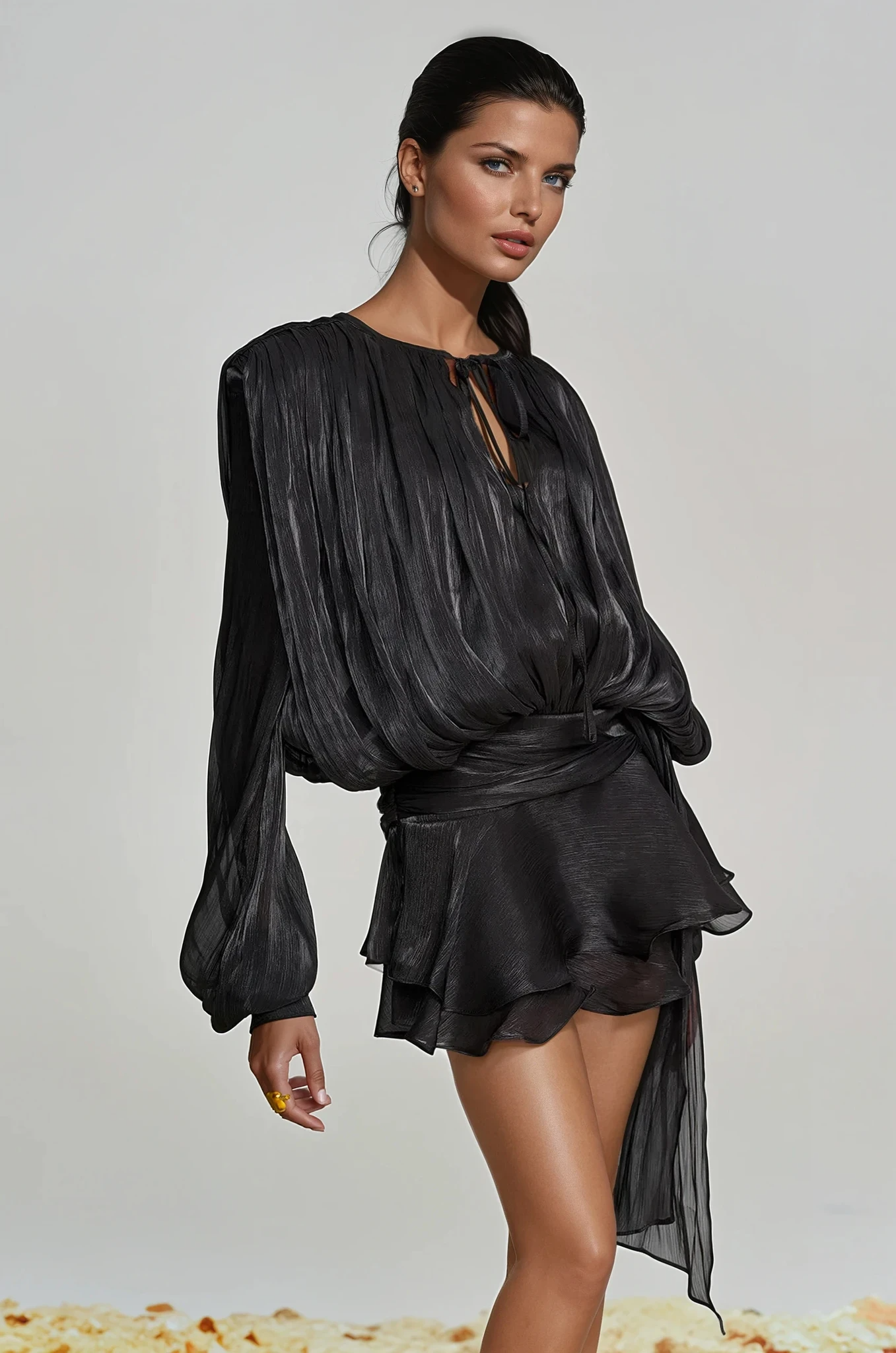 Aminah Balloon Sleeve Ruch Ruffle Mini Dress in Black