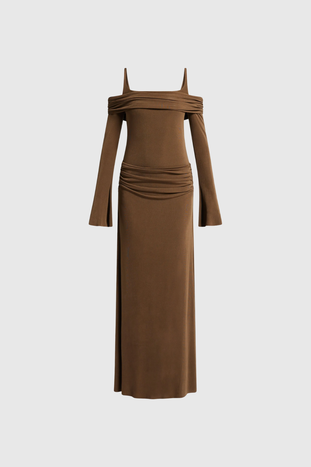 Annmarie Off Shoulder Ruch Maxi Dress in Brown