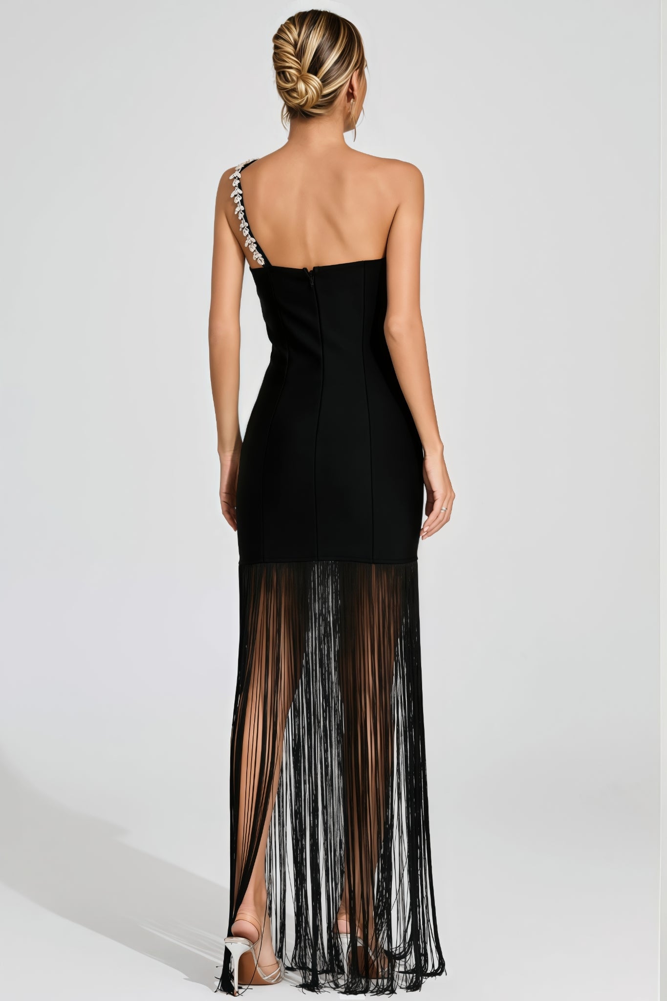 Astradt Black One Shoulder Fringe Maxi Dress