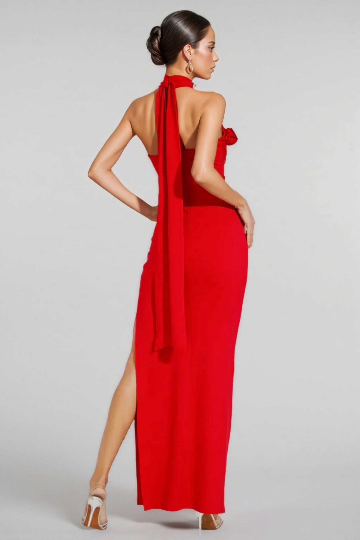 Emily Red Ruched Halter Maxi Dress