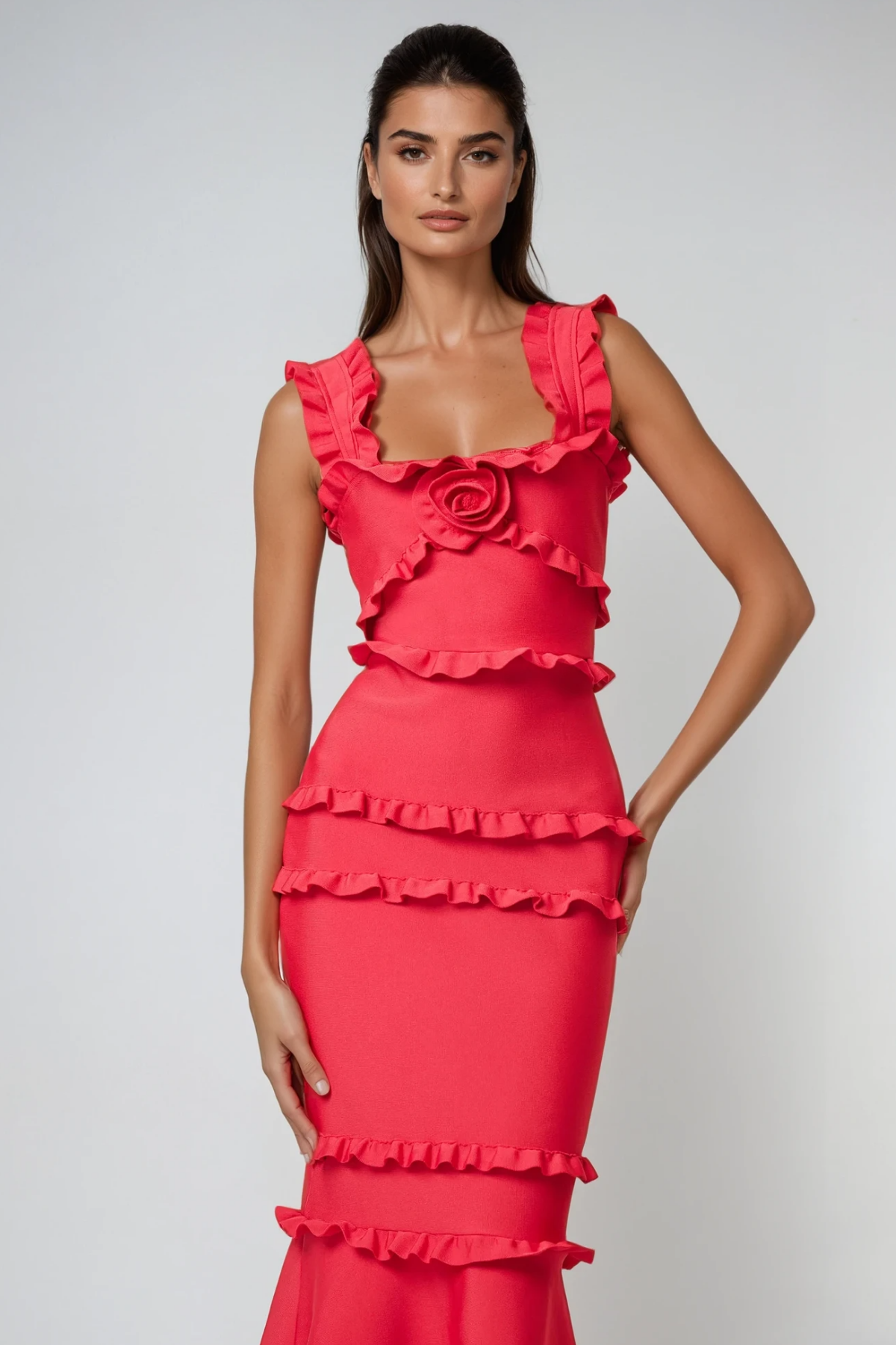 Bartholomaios Ruffle Flower Maxi Dress in Red