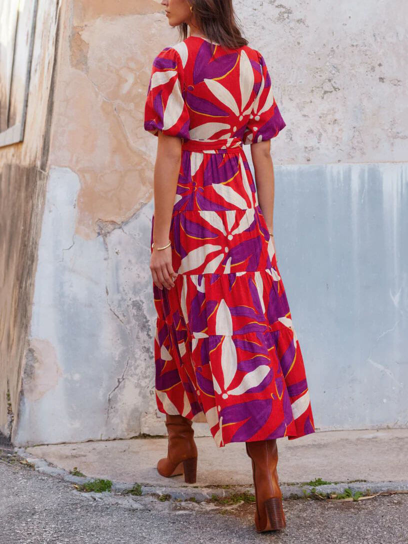 V-neck Puff Sleeves Slit Printed Maxi Dress