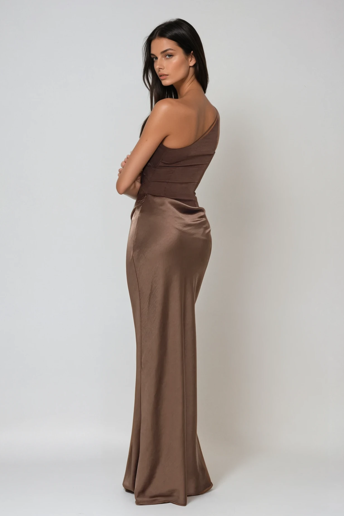 Beres One Shoulder Satin Maxi Dress in Brown