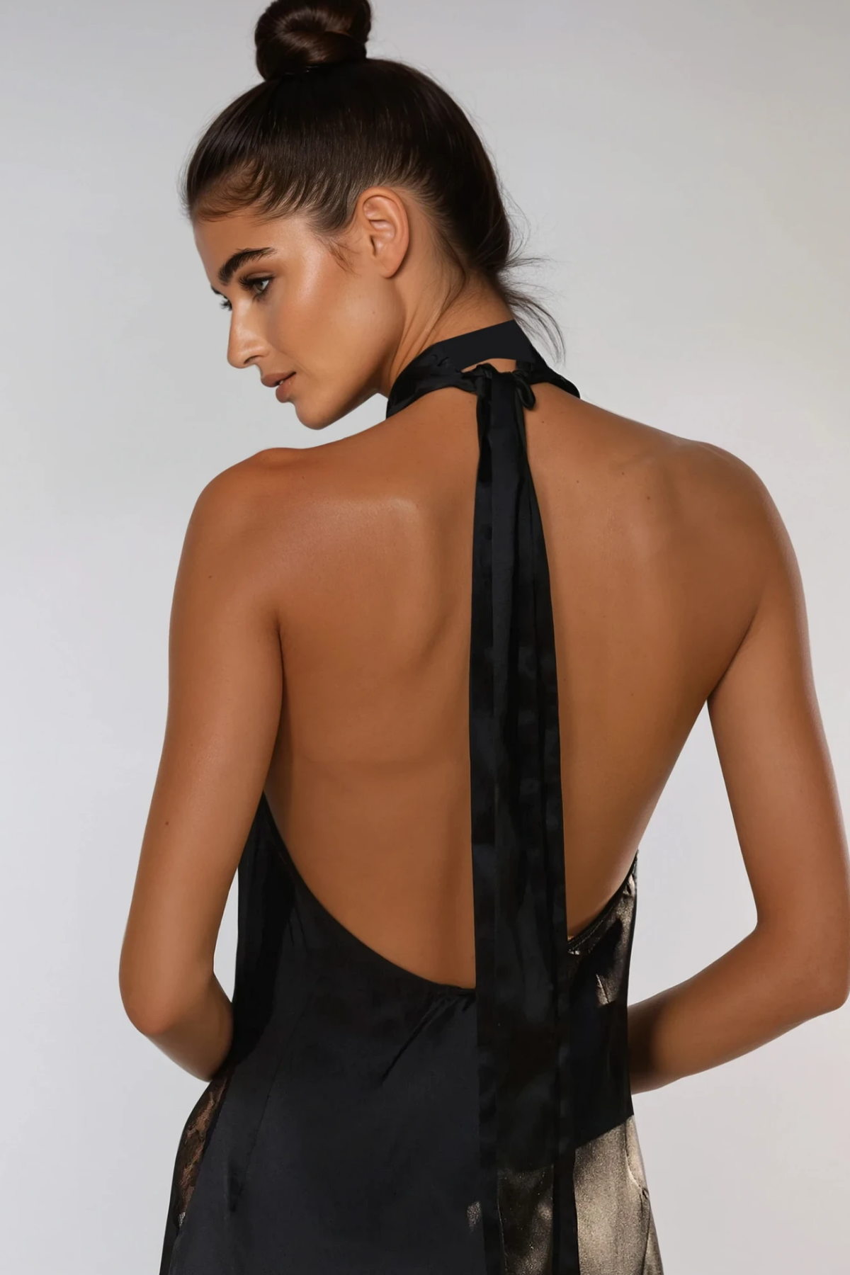 Bernal Satin Lace Cutout Maxi Dress in Black