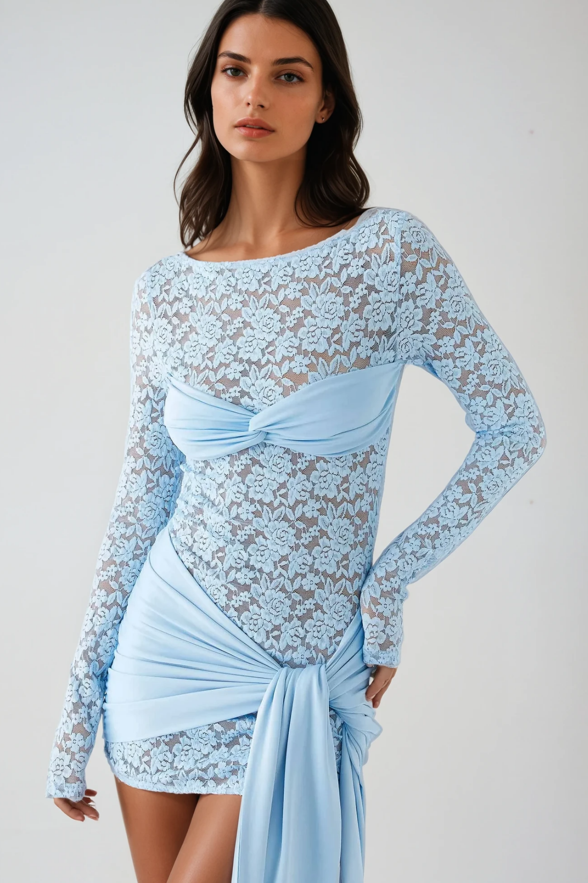 Bernardo Lace Lace Up Mini Dress in Baby Blue