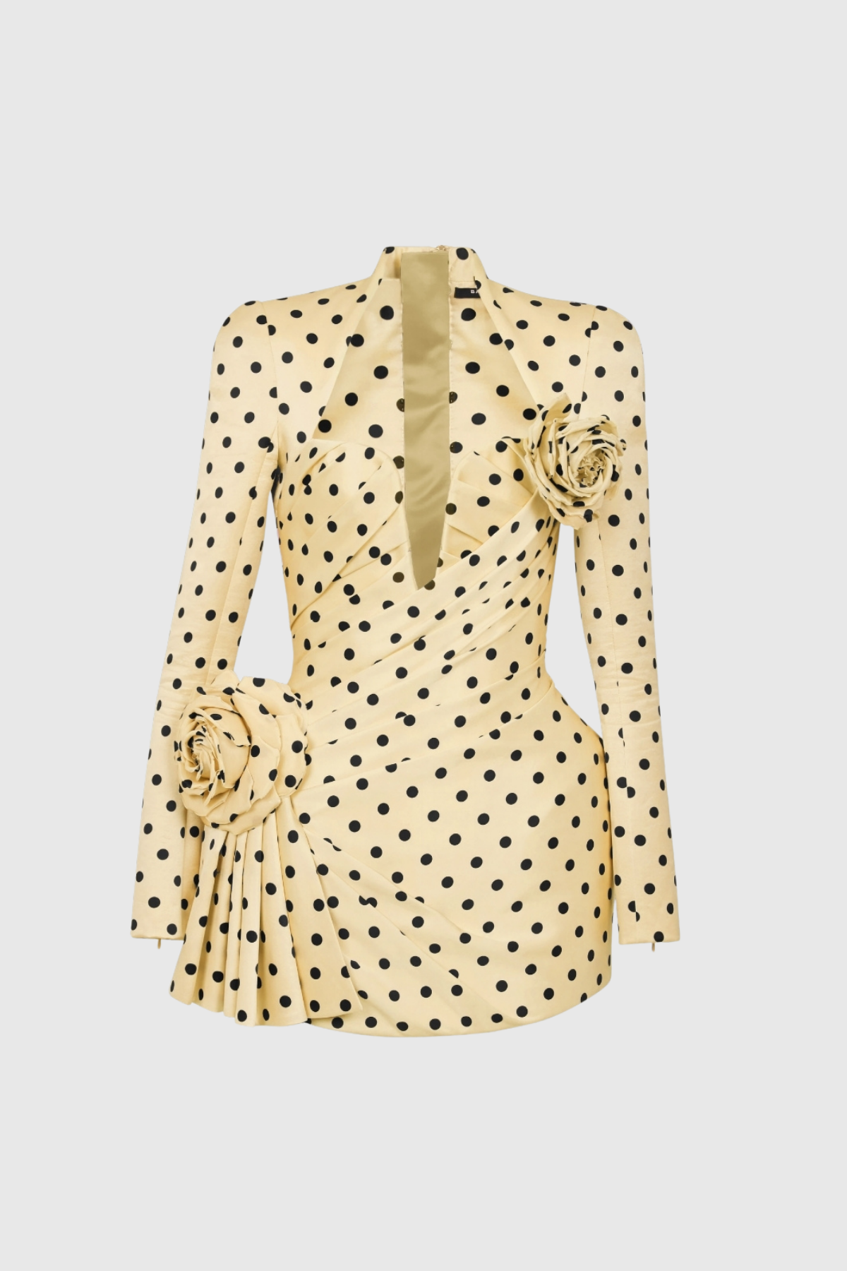 Biaggio Dot Flower Ruch Mini Dress in Yellow