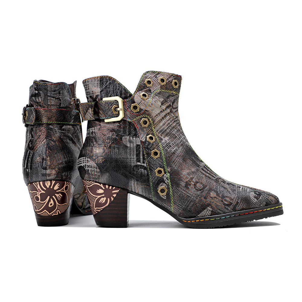 Soffia | Antique Prints With Metallic Stud Moto Boot
