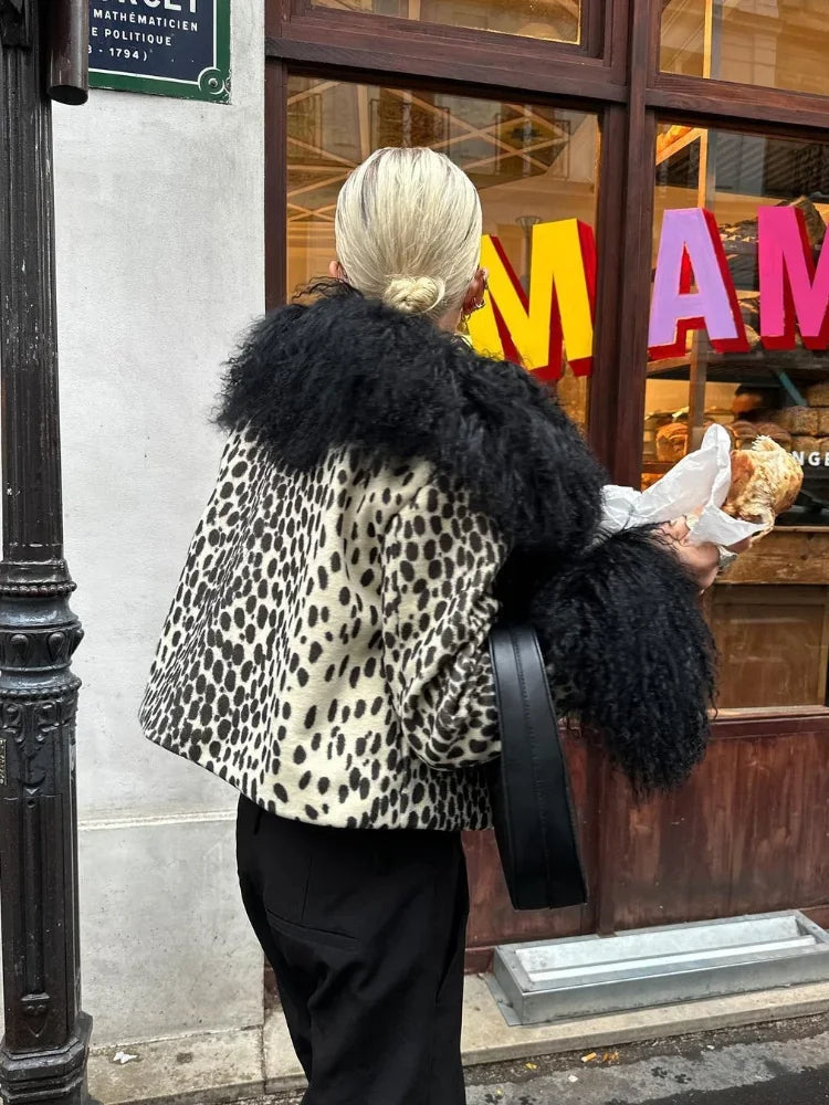 Black White Leopard Faux Long Single Breasted High Street Short Coat