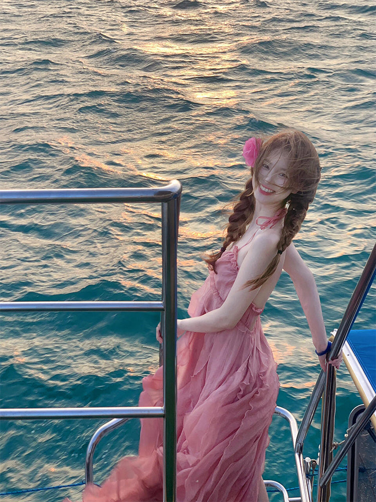 Blush Pink Halter Backless Maxi Dress _ Dreamy Vacation & Beach Photoshoot Look