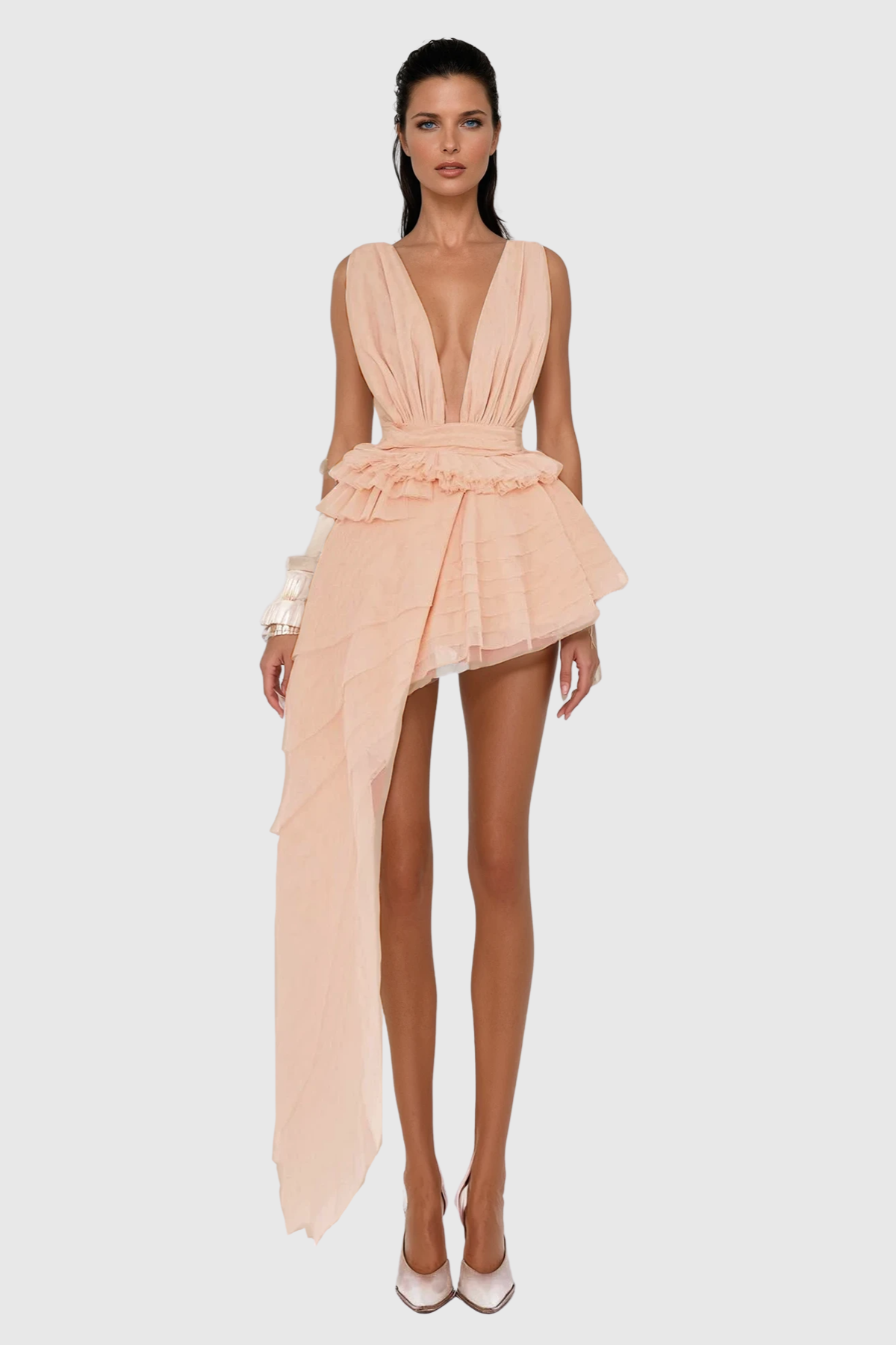 Bosmat Ruch Mesh Asymmetric Mini Dress in Apricot