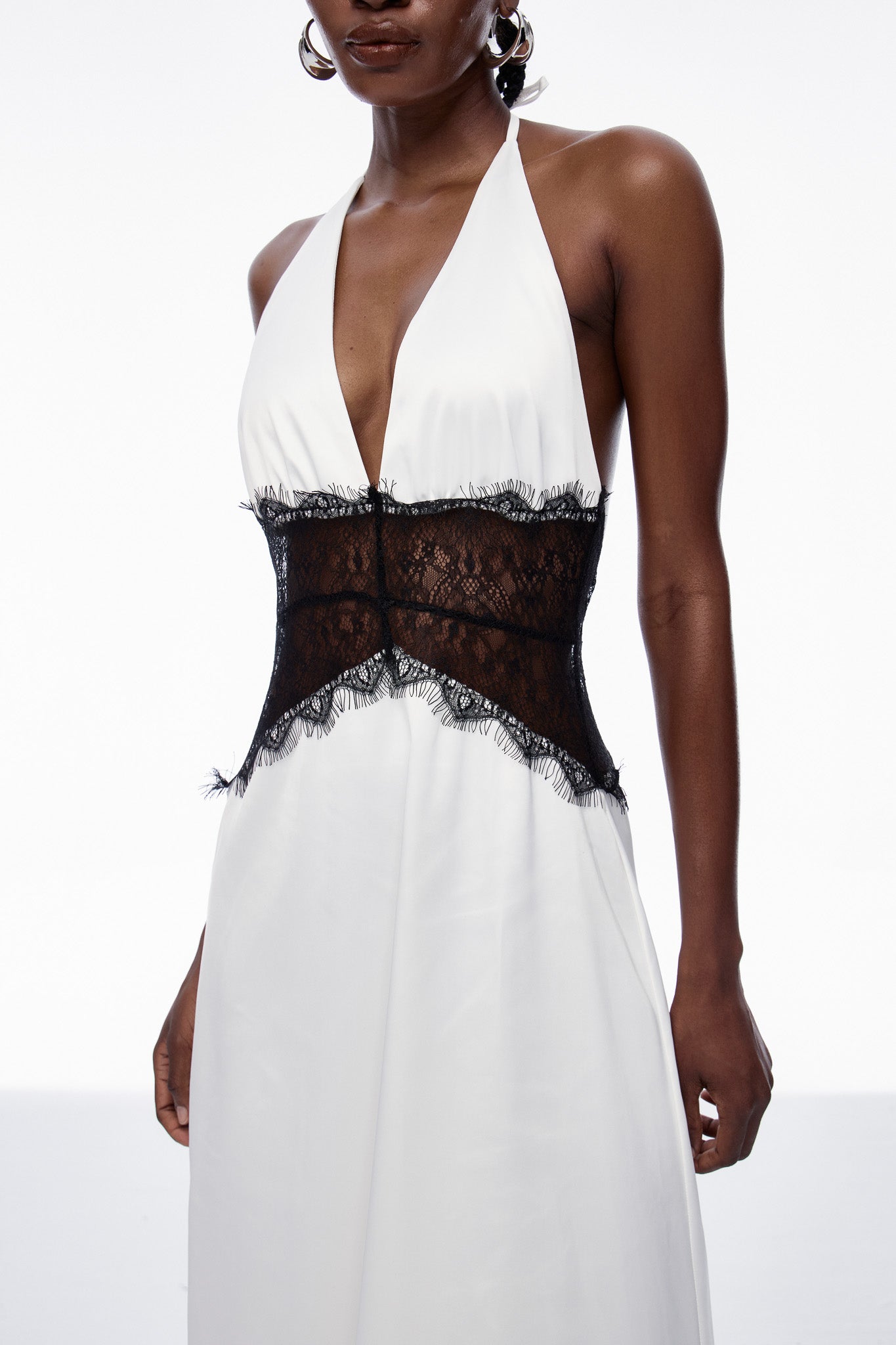 Bowie Lace Plunge Backless Maxi Dress in White