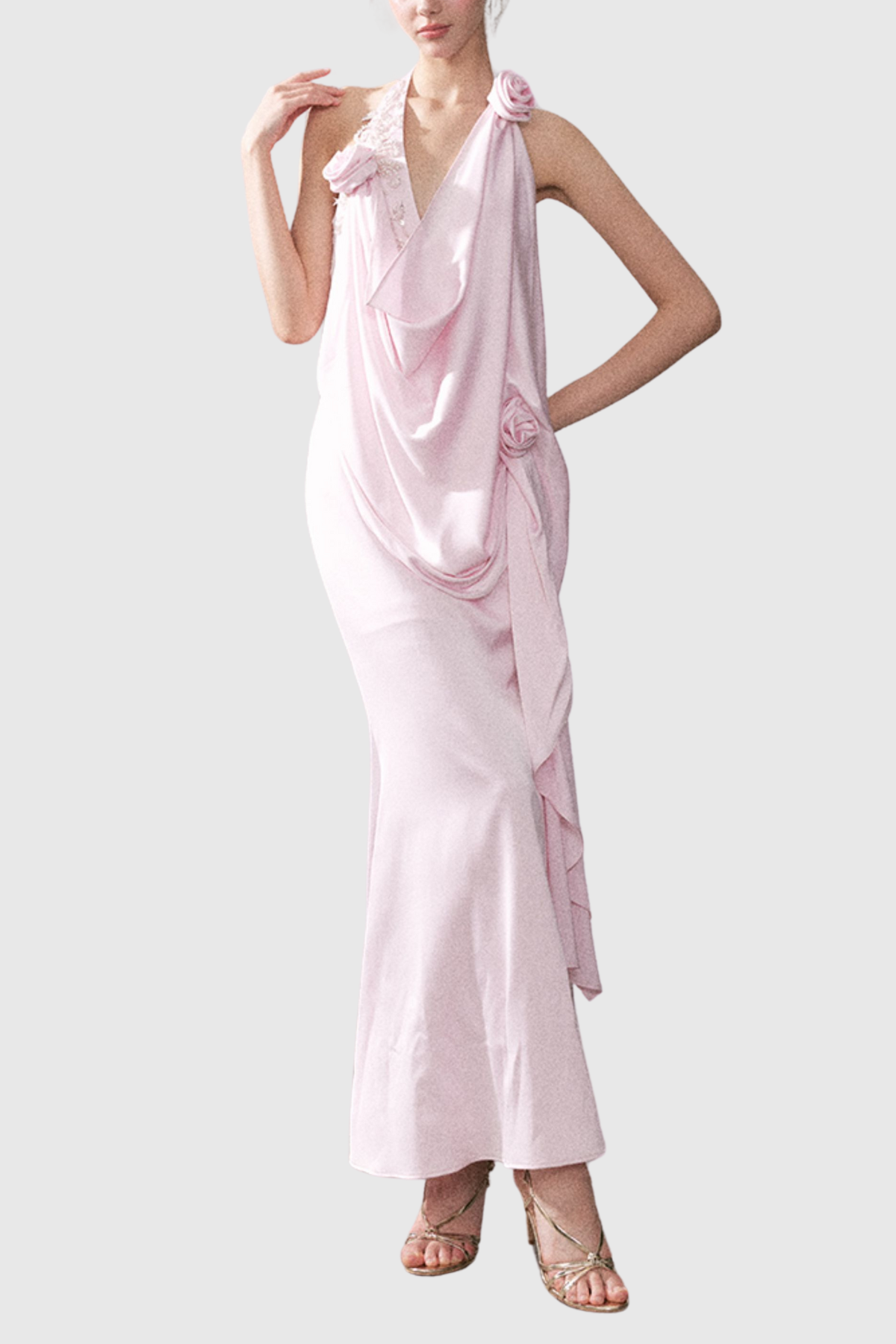 Branden Cowl Neck Flower Backless Maxi Dress in Pink
