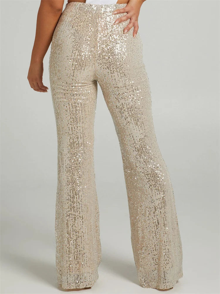 Sequined High Waist Slim Fit Flare Club Pant