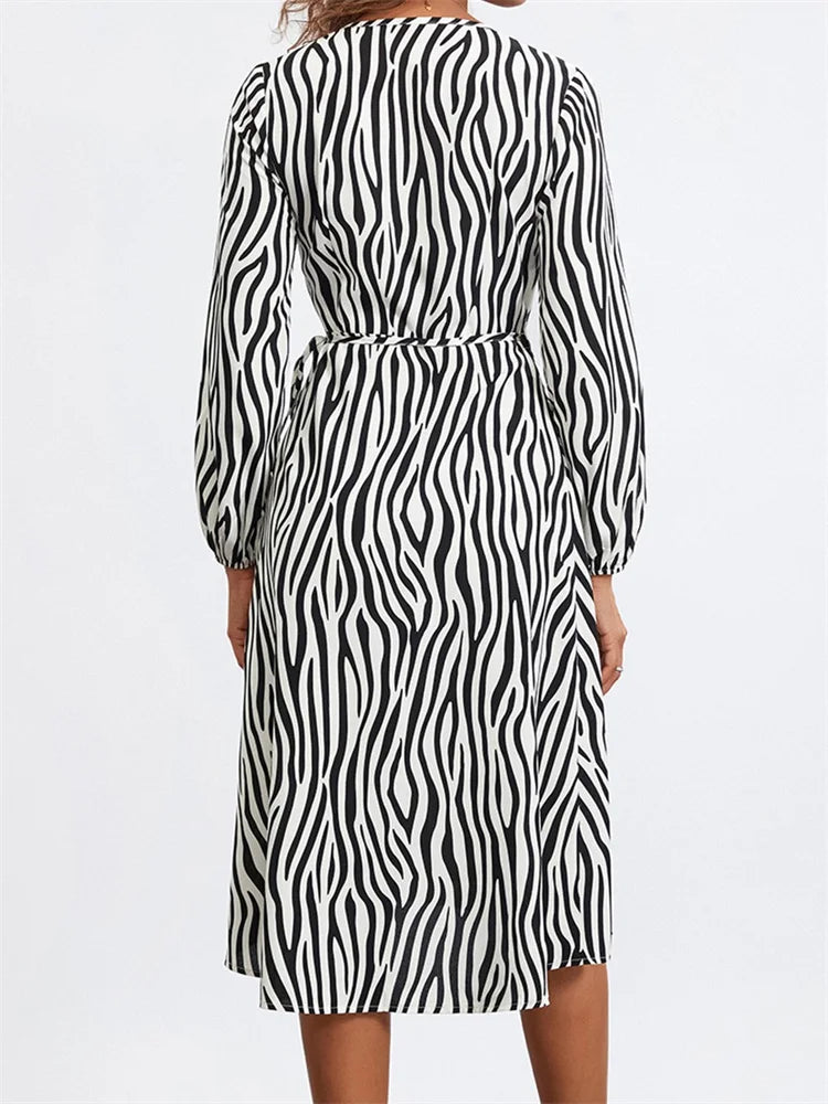 Long Sleeve V-neck Zebra Striped Print Tie-up Midi Dress