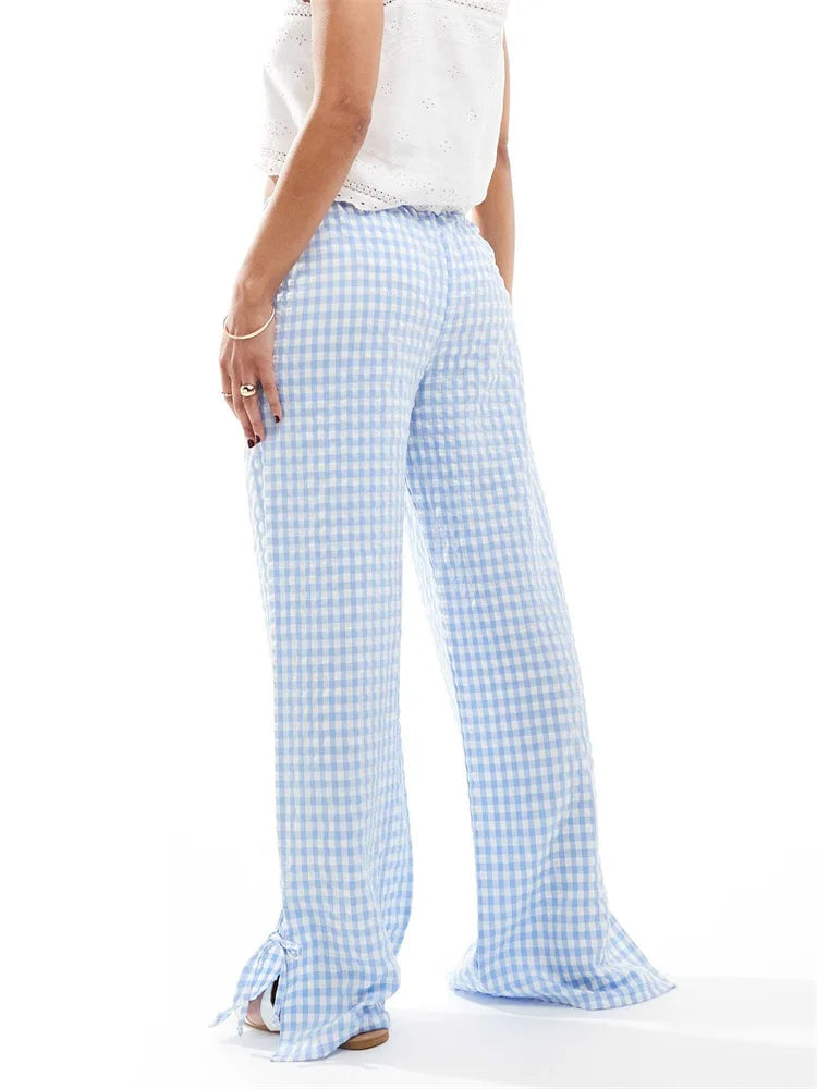Plaid Split Tie-up Loose Wide Leg Summer Pant