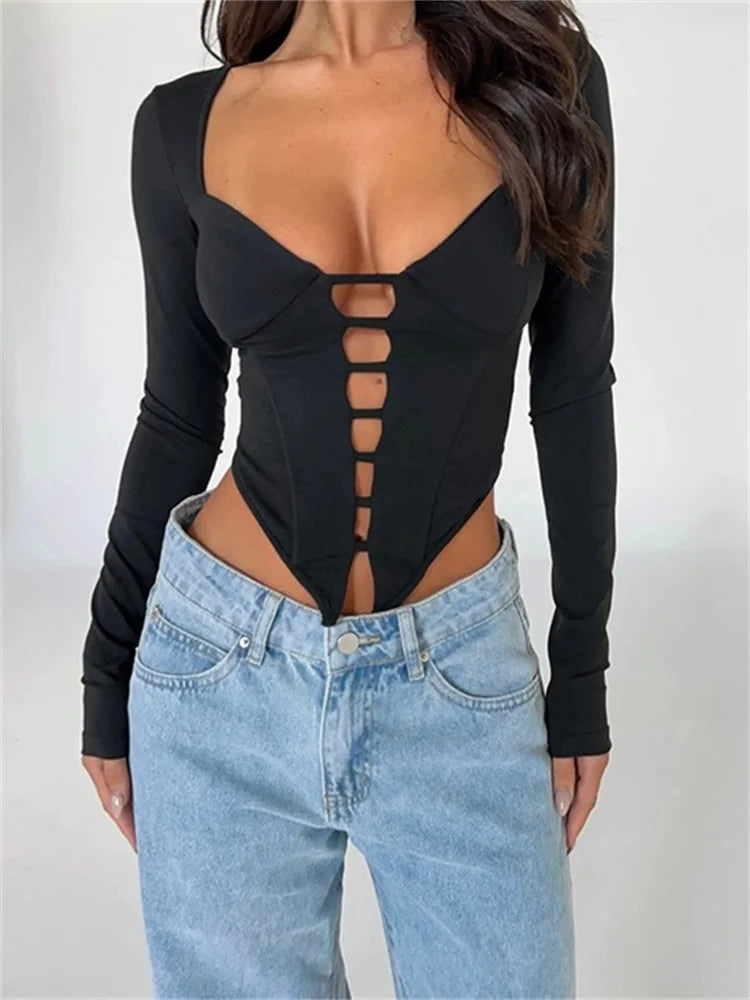 V-neck Low Cut Front Hollow Out Long Sleeve Slim Fit Irregular Hem T-shirts