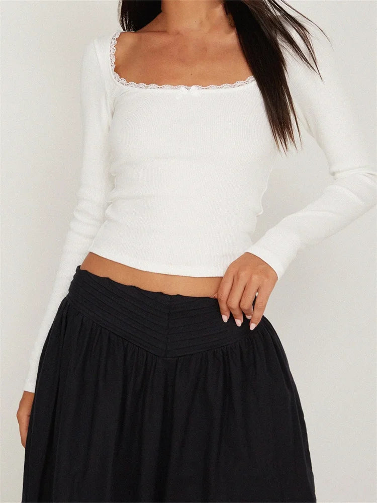 Y2k Lace Knitted Ribbed Long Sleeve Fairy Grunge Slim Fit Harajuku T-shirts