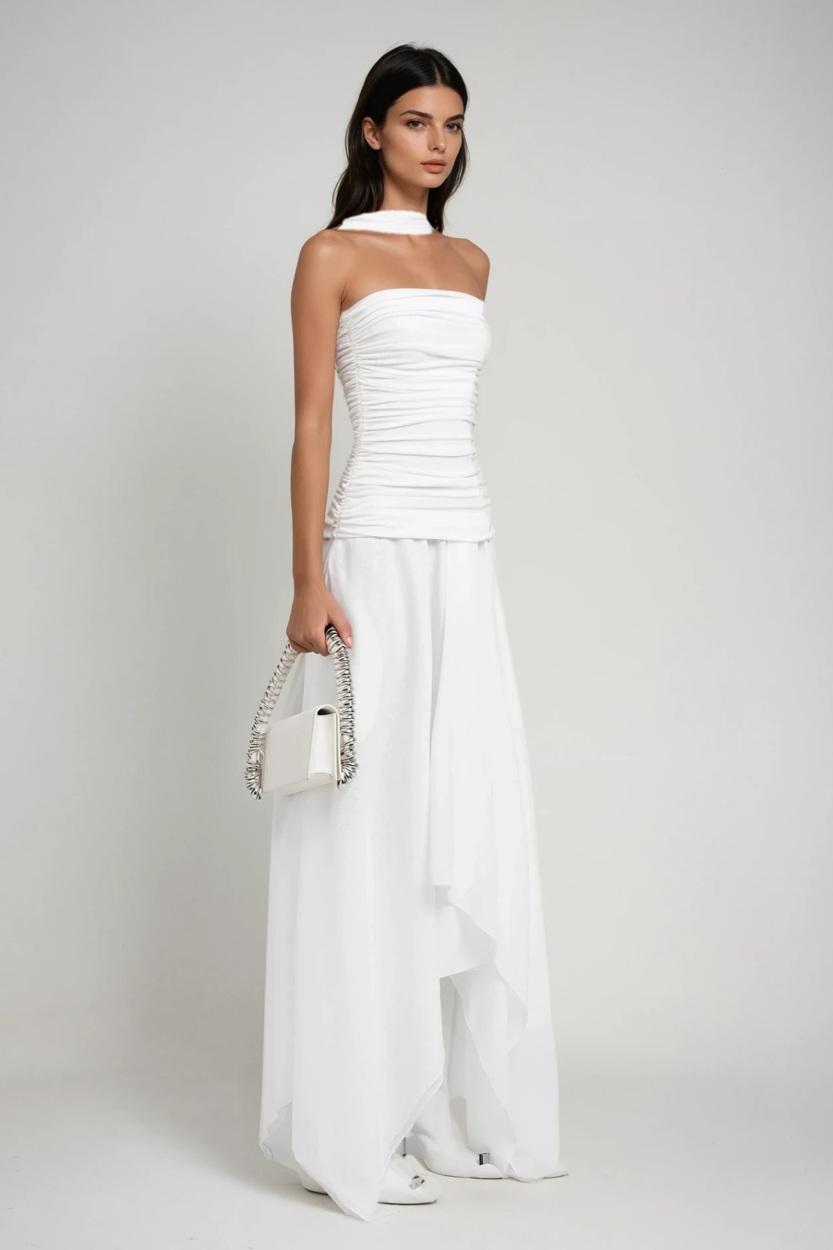 Cabdiraxmaan Ruch Drawstring Asymmetric Maxi Dress in White