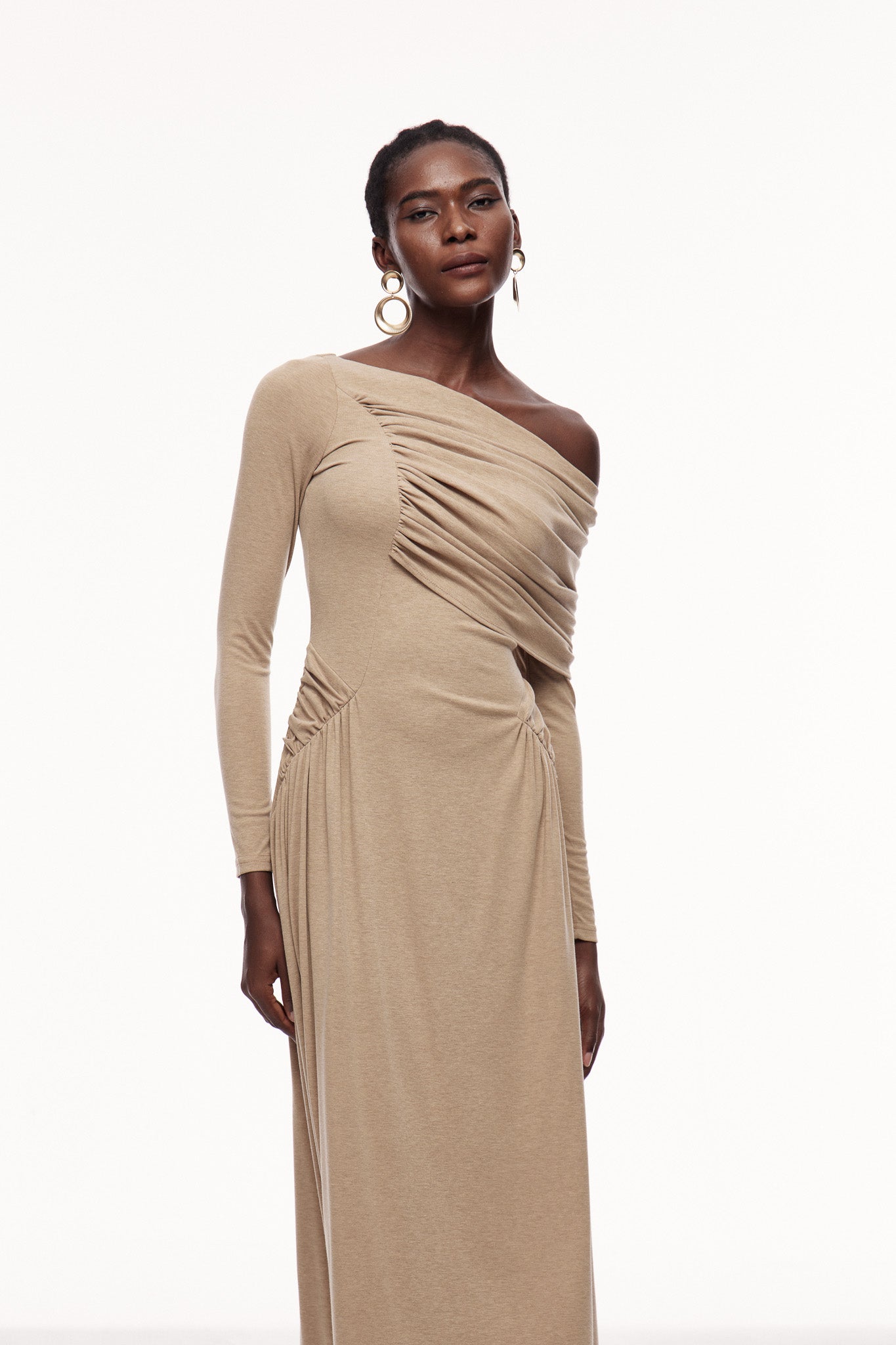 Candi Ruch Asymmetric Maxi Dress in Khaki