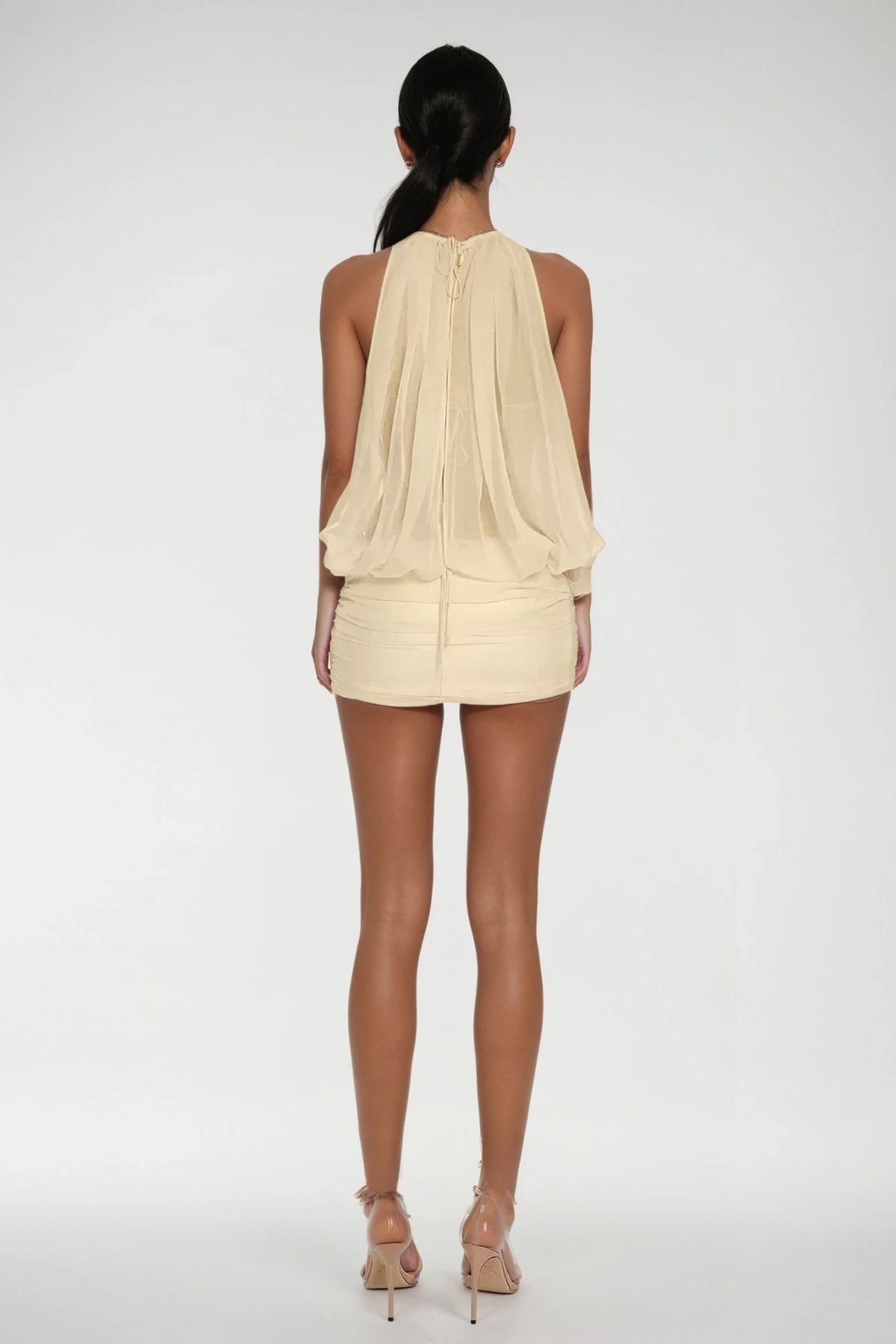 Carola Mesh Ruch Plunge Mini Dress in Apricot