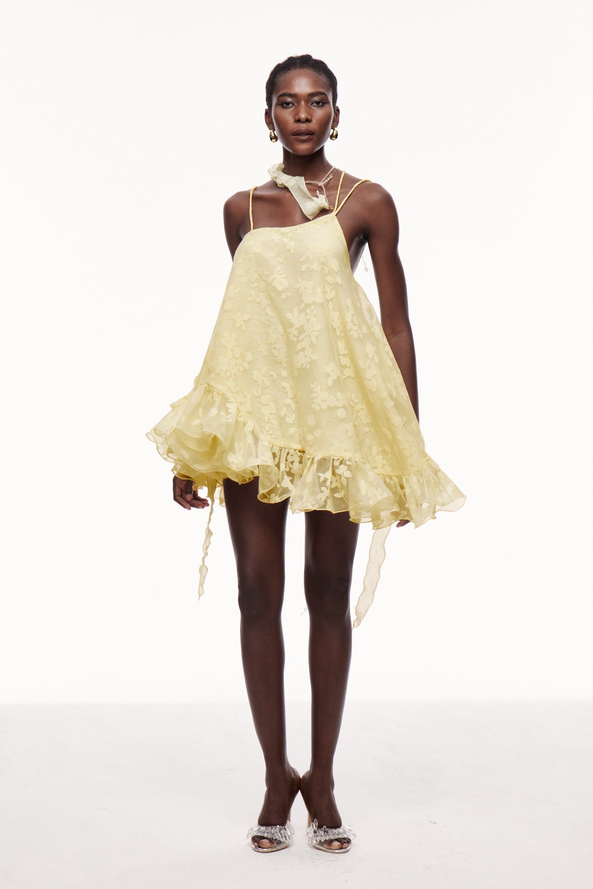 Cecilio Asymmetric Ruffle Puffy Mini Dress in Yellow