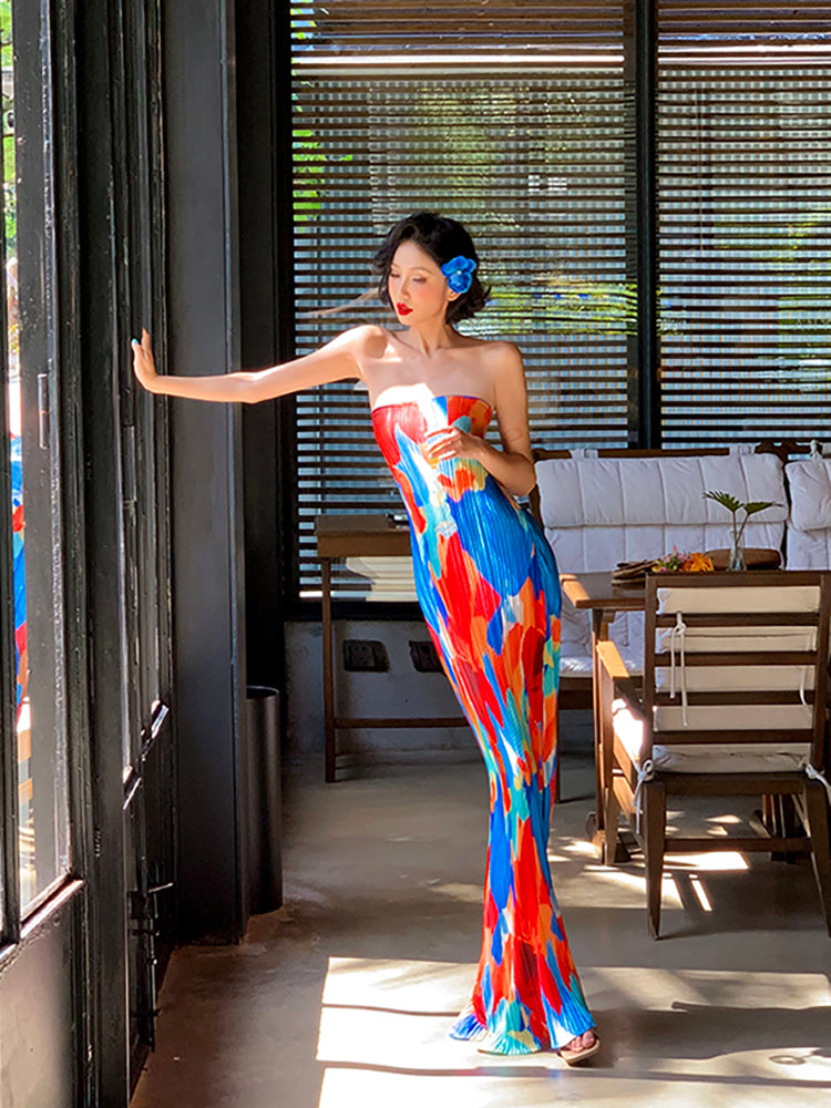 Colorful Strapless Ruched Maxi Dress _ Summer Statement Piece