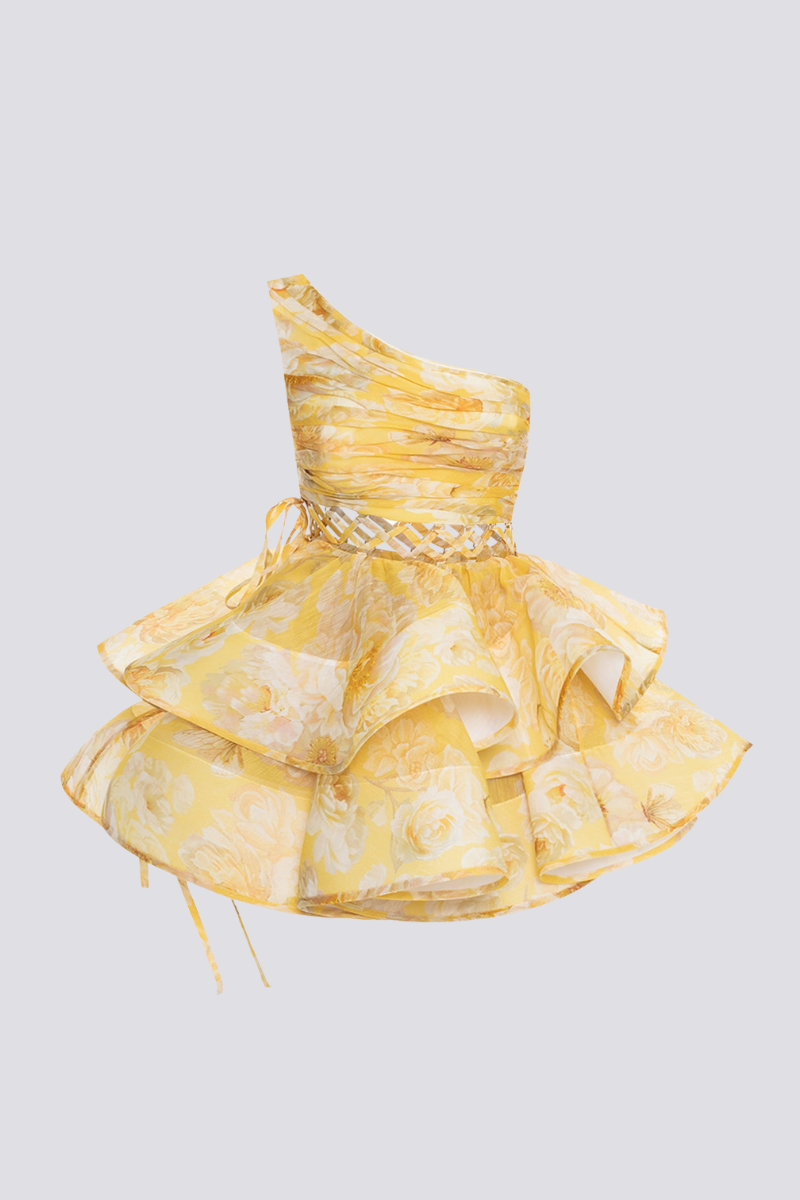 Cora One Shoulder Ruffle Cutout Mini Dress in Yellow