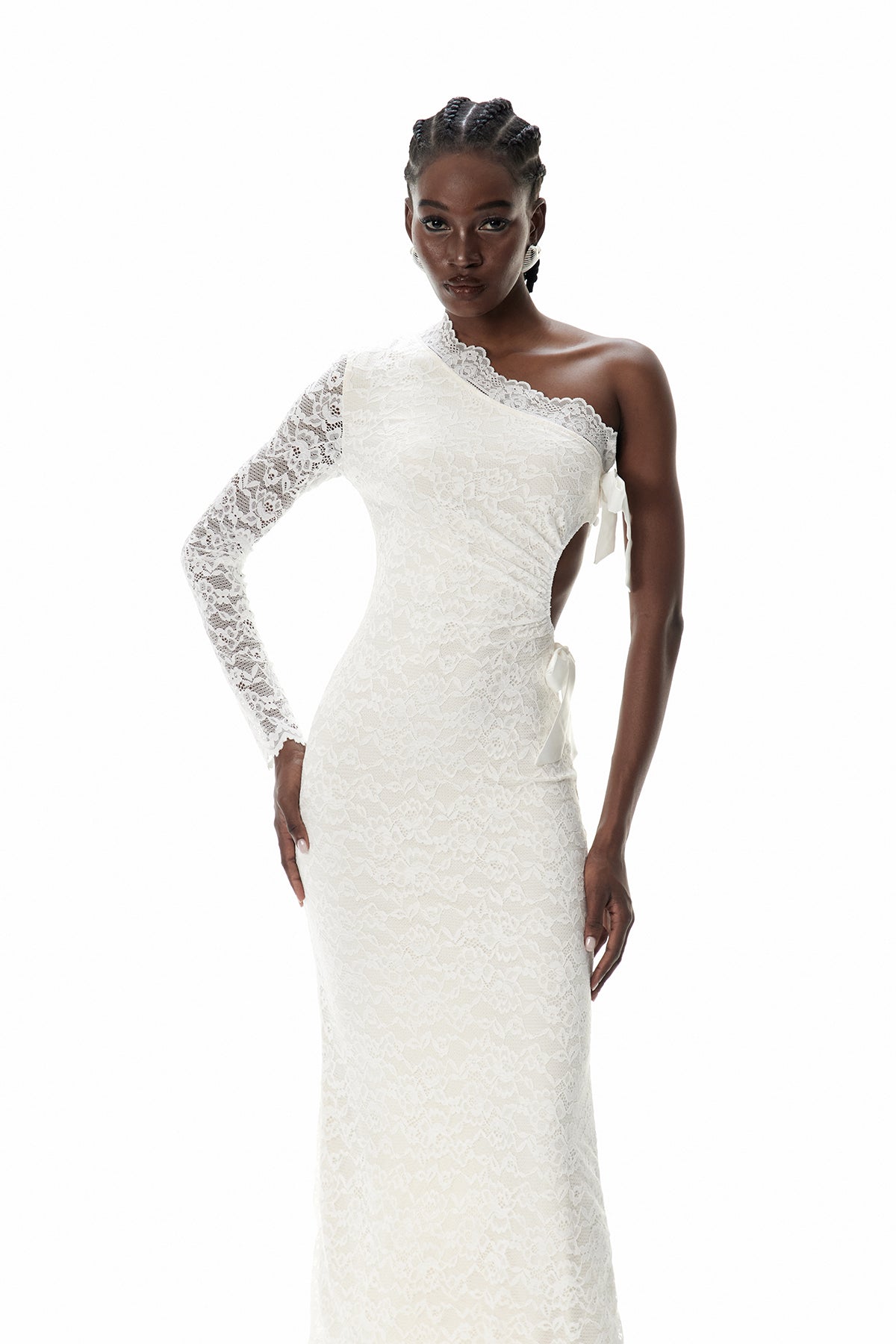 Crescencio One Shoulder Lace Cutout Maxi Dress