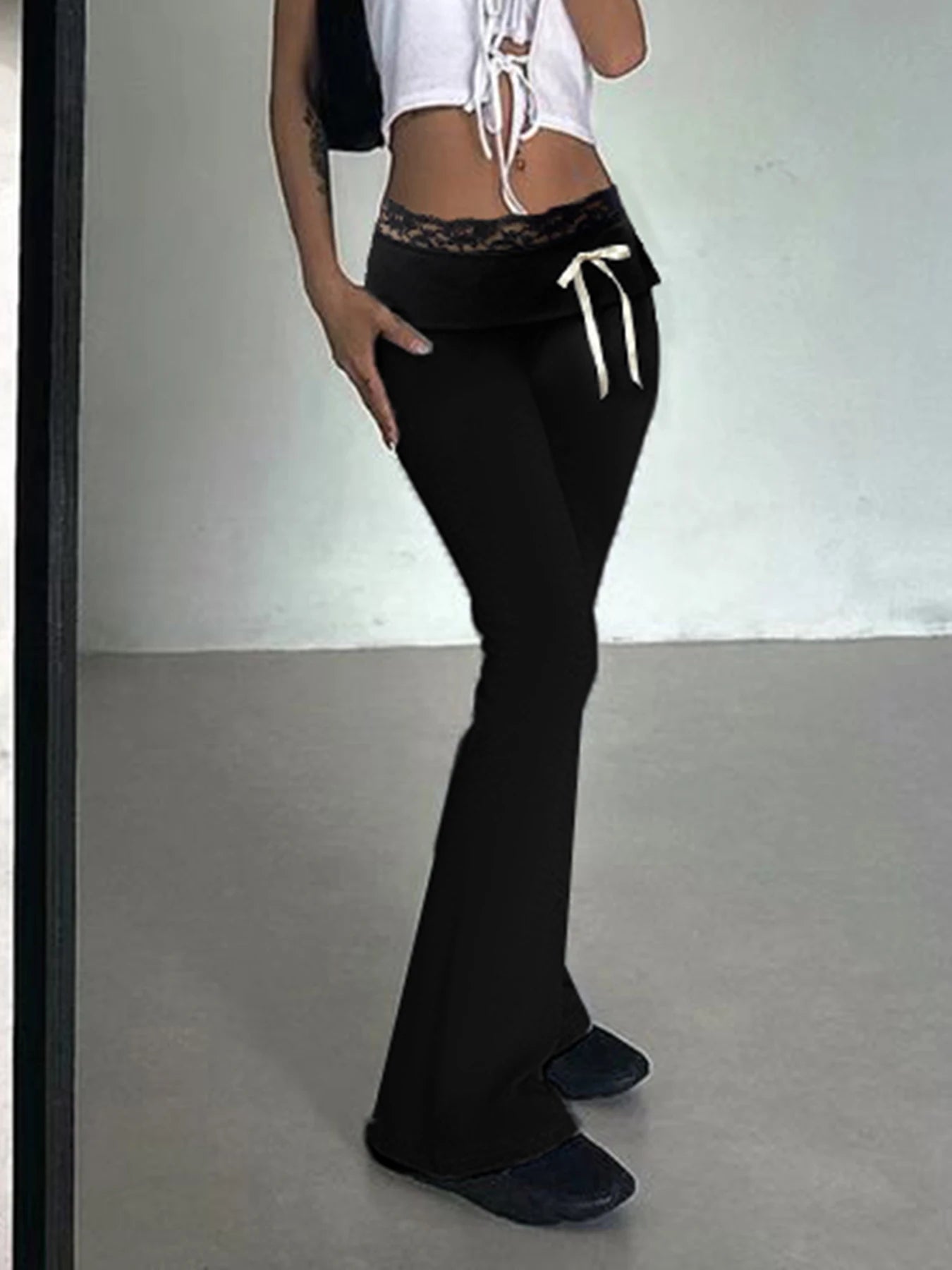 Lace Patchwork Bow Straight Y2k Pant