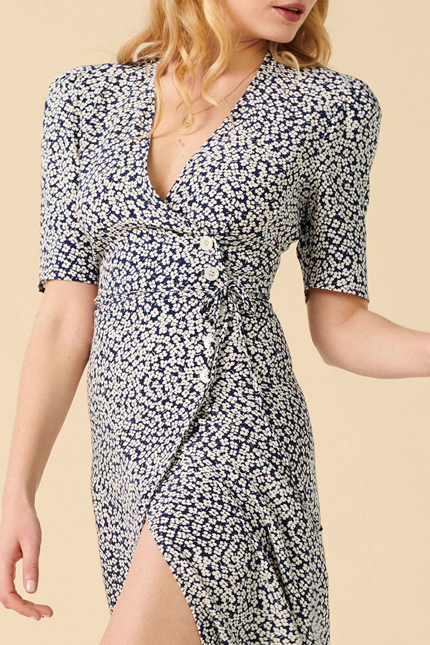 Mid Sleeve V-neck Midi Dress