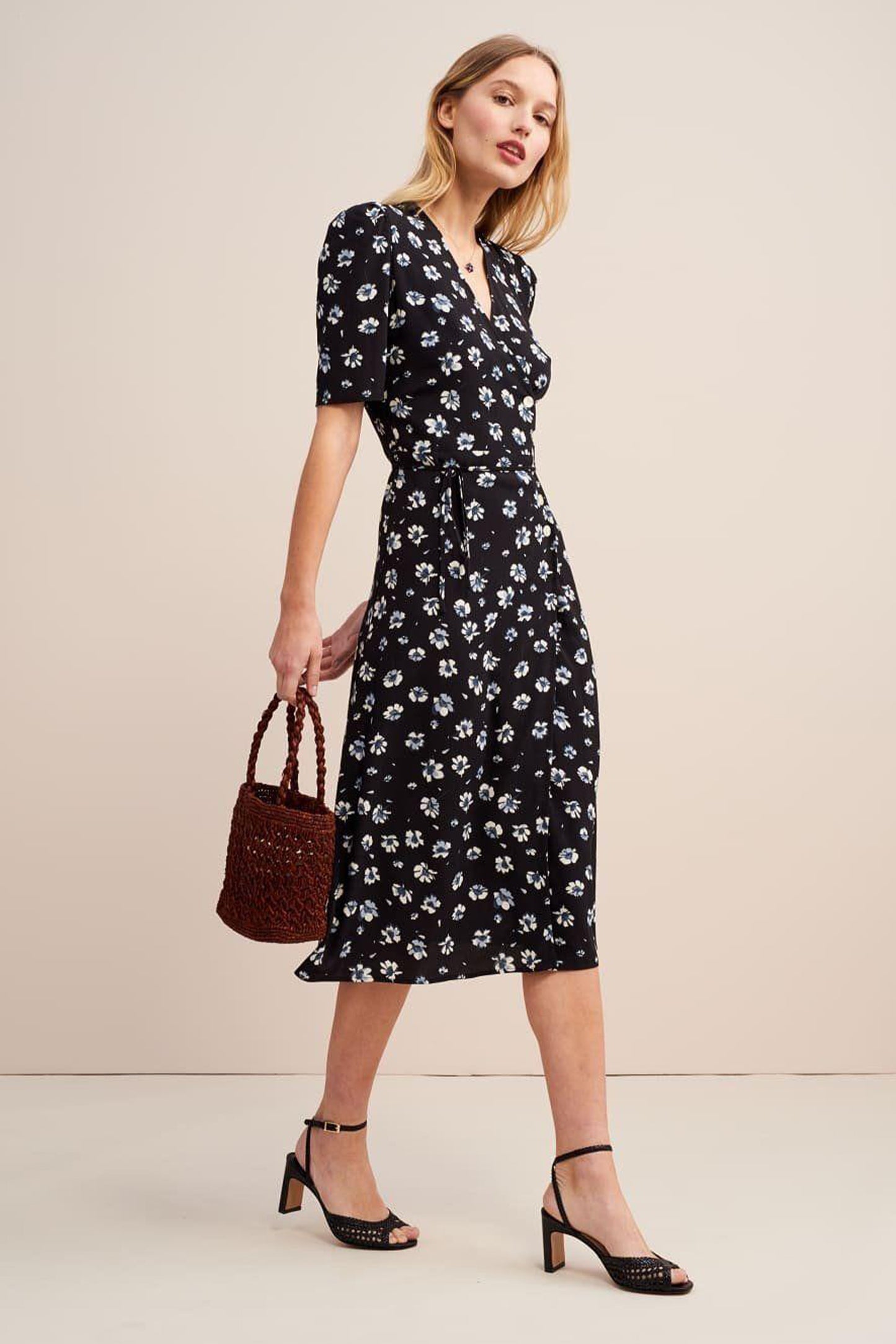 Mid Sleeve V-neck Midi Dress Blue